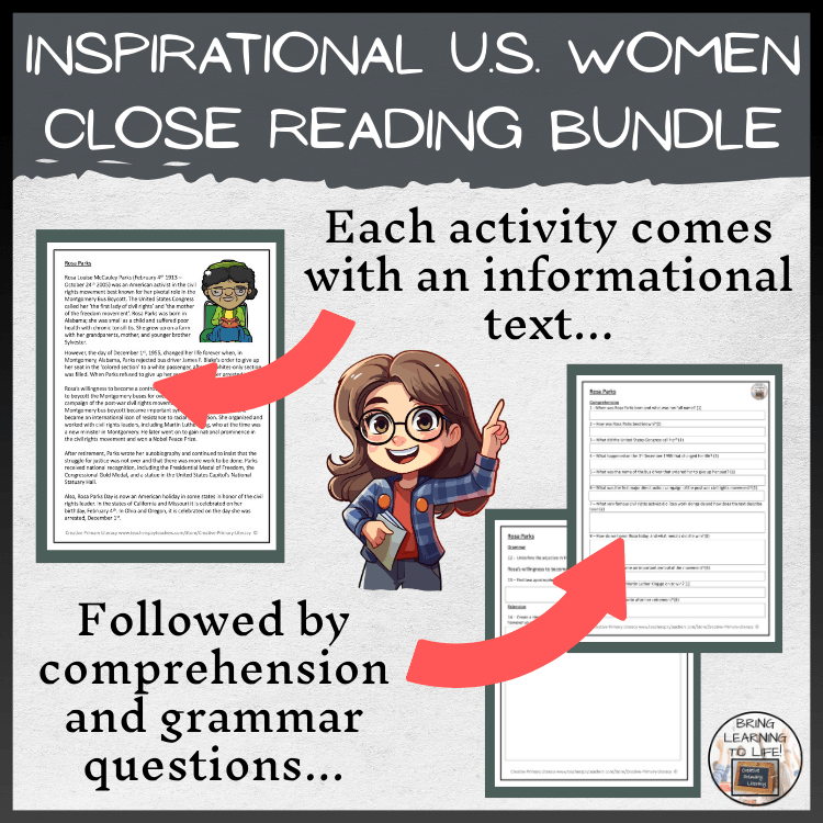 Inspirational U.S. Women Reading Activity Bundle for 5th-6th Grade featuring five inspirational women from U.S. history.