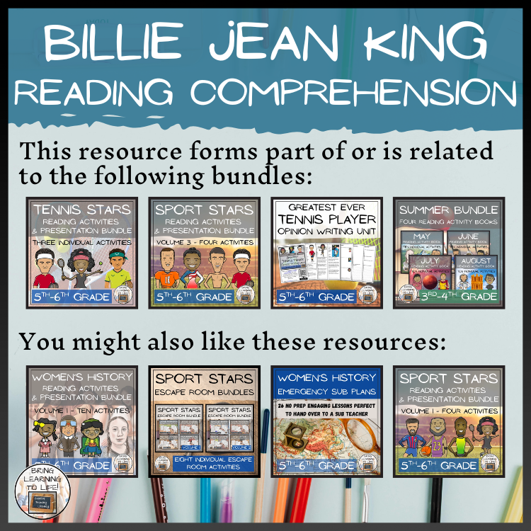 Billie Jean King Reading Comprehension Activities | 5th Grade & 6th Grade