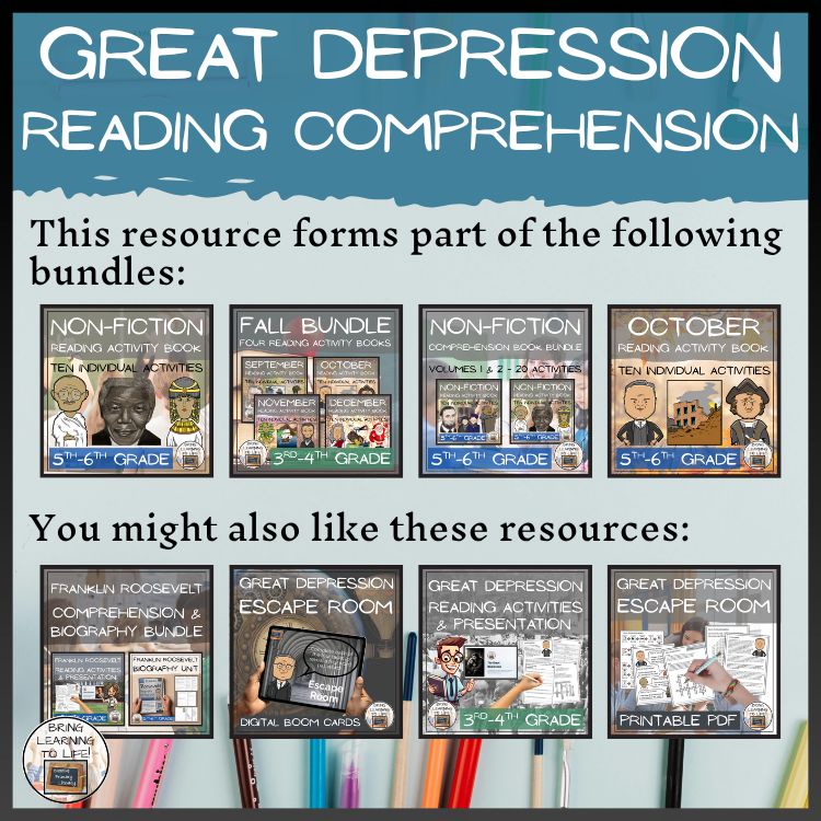 Great Depression Close Reading Comprehension Activities | 5th Grade & 6th Grade
