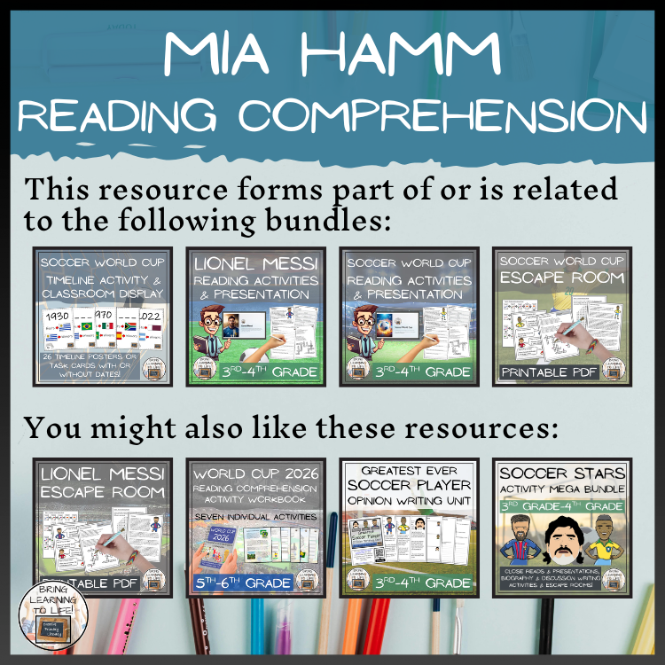 Mia Hamm Reading Comprehension Activities | 5th Grade & 6th Grade