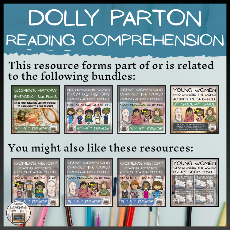 Dolly Parton Reading Comprehension Activities | 3rd Grade & 4th Grade