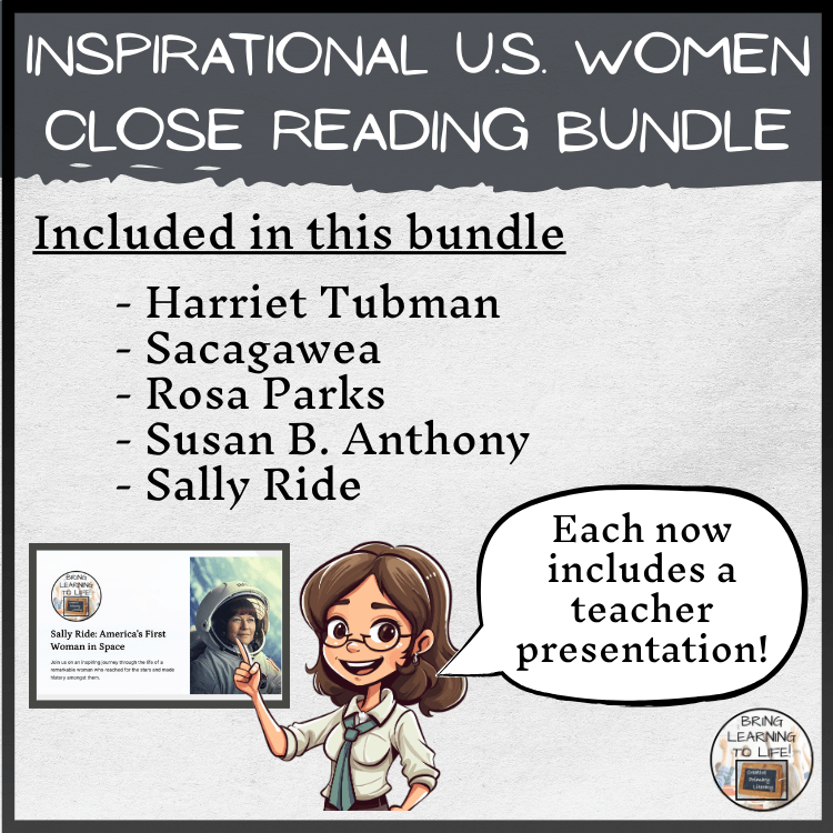 Inspirational U.S. Women Reading Activity Bundle for 3rd-4th grade featuring five historical women.