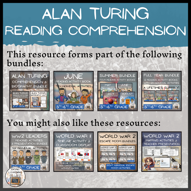 Alan Turing Close Reading Comprehension Activities | 5th Grade & 6th Grade