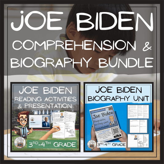 Joe Biden Close Reading & Biography Bundle | 3rd Grade & 4th Grade activities and materials displayed on a classroom table.
