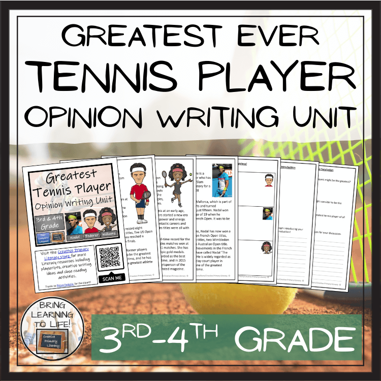 Greatest Tennis Player Opinion Writing Unit | 3rd–4th Grade display featuring writing resources and activities.