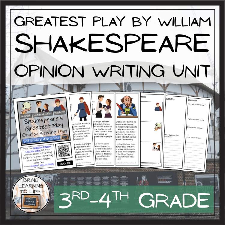 Shakespeare opinion writing unit for 3rd and 4th grade, featuring classic literature and opinion writing activities.
