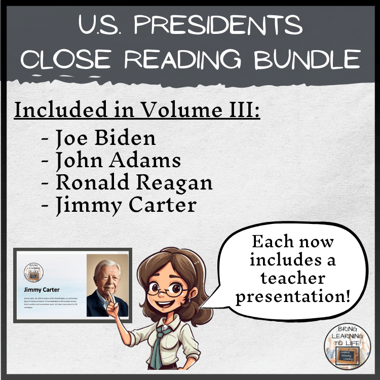 U.S. Presidents Volume 3 Close Reading Comprehension Bundle | 3rd & 4th Grade