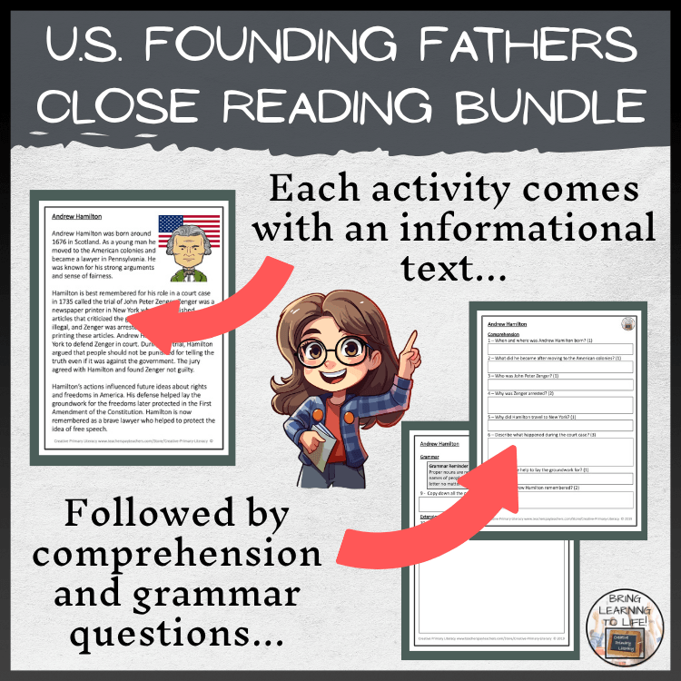 Founding Fathers Close Reading Comprehension Bundle | 3rd-4th Grade includes activities with texts, comprehension, and grammar questions.