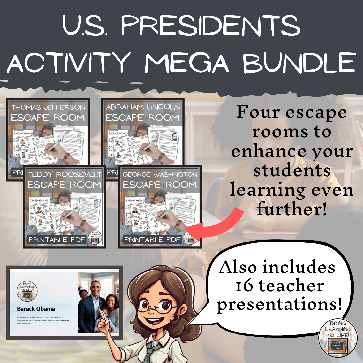 U.S. Presidents Social Studies Mega Bundle of Activities | 5th-6th Grade showcases four escape room activities and teacher presentations.