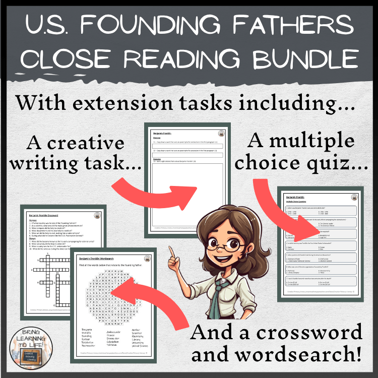 Founding Fathers Close Reading Comprehension Bundle | 5th-6th Grade with creative tasks, quizzes, crossword, and wordsearch.