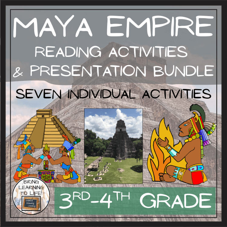 MAYA EMPIRE reading activities and presentation bundle for 3rd and 4th grade featuring seven individual activities.