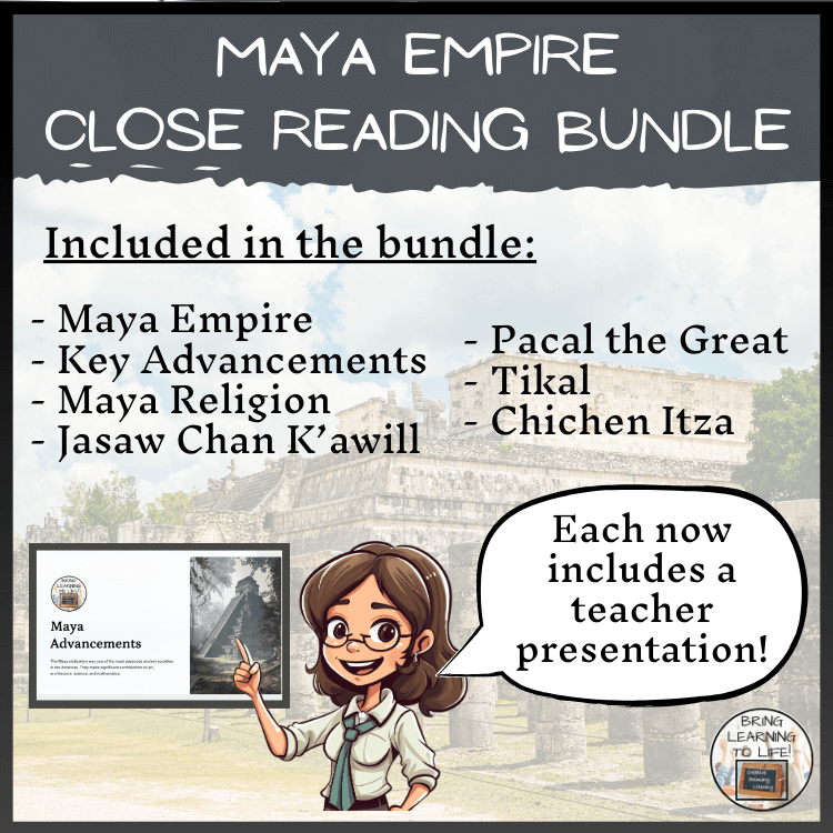 MAYA EMPIRE reading activities and presentation bundle for 3rd and 4th grade featuring seven individual activities.