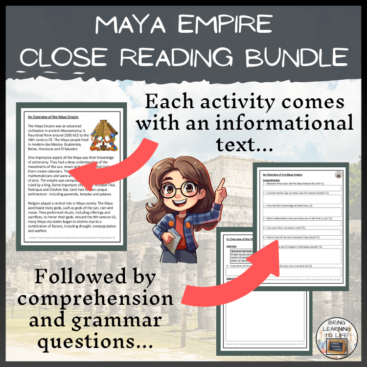 MAYA EMPIRE reading activities and presentation bundle for 3rd and 4th grade featuring seven individual activities.