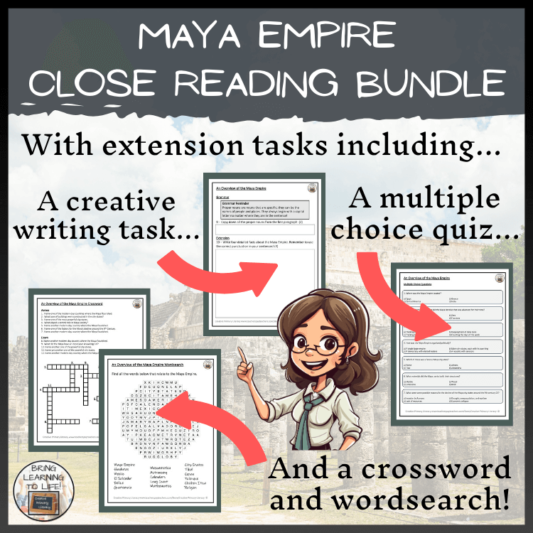 MAYA EMPIRE reading activities and presentation bundle for 3rd and 4th grade featuring seven individual activities.