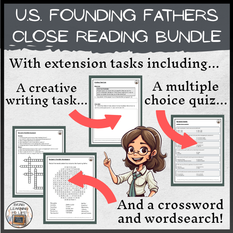 Founding Fathers Close Reading Comprehension Bundle | 3rd-4th Grade featuring creative tasks and quizzes.