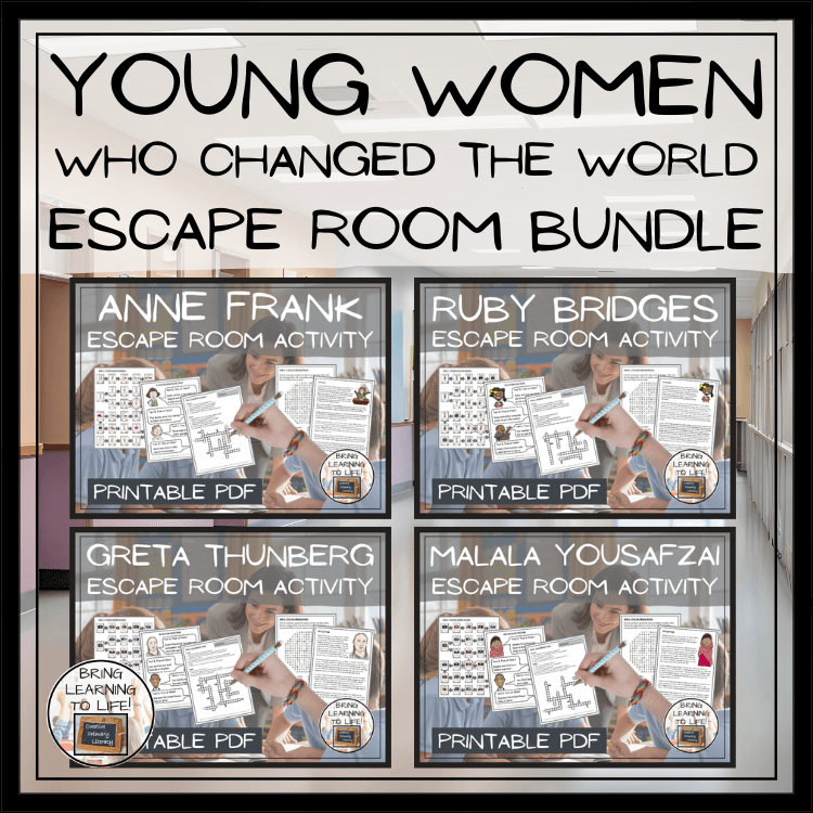Young women history escape room activities bundle featuring Anne Frank, Ruby Bridges, Greta Thunberg, and Malala Yousafzai.