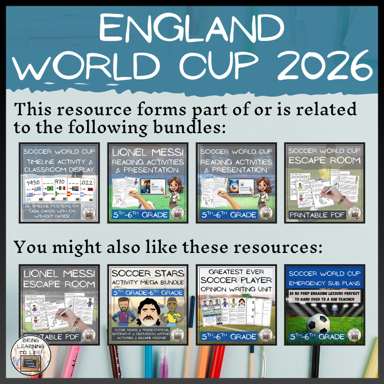 England World Cup 2026 Reading Comprehension Activities | 5th–6th Grade