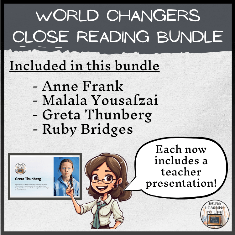 Young Women Who Changed the World Close Reading Bundle | 5th-6th Grade includes Anne Frank, Malala Yousafzai, Greta Thunberg, Ruby Bridges.