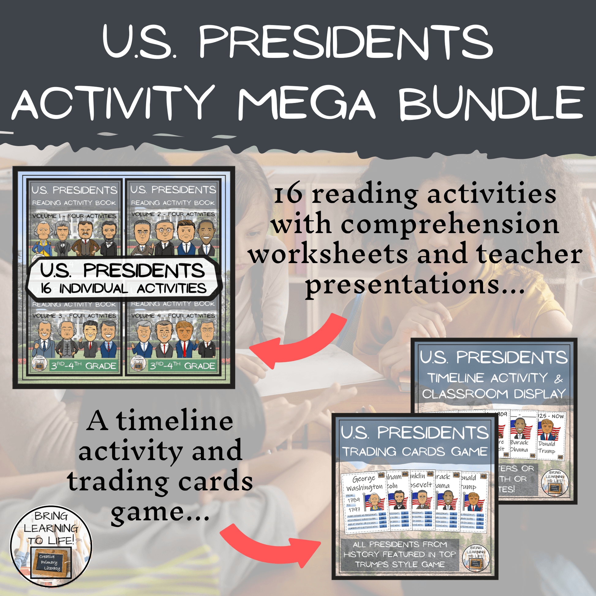 U.S. Presidents Social Studies Mega Bundle of Activities | 3rd-4th Grade featuring activity overview and classroom display.