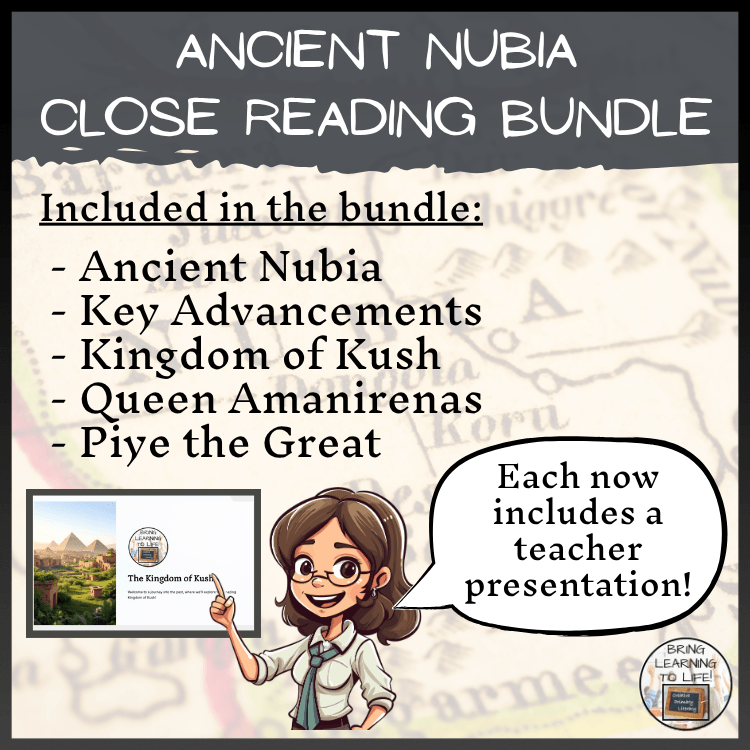 Ancient Nubia Close Reading Comprehension Activity Bundle | 3rd & 4th Grade with key content highlights.