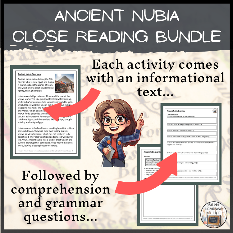 Ancient Nubia Close Reading Comprehension Activity Bundle | 3rd & 4th Grade showcasing activities and comprehension questions.