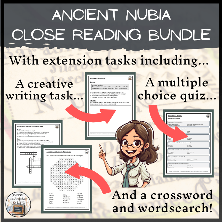 Ancient Nubia Close Reading Comprehension Activity Bundle | 3rd & 4th Grade with extension tasks including quiz, crossword, and writing task.