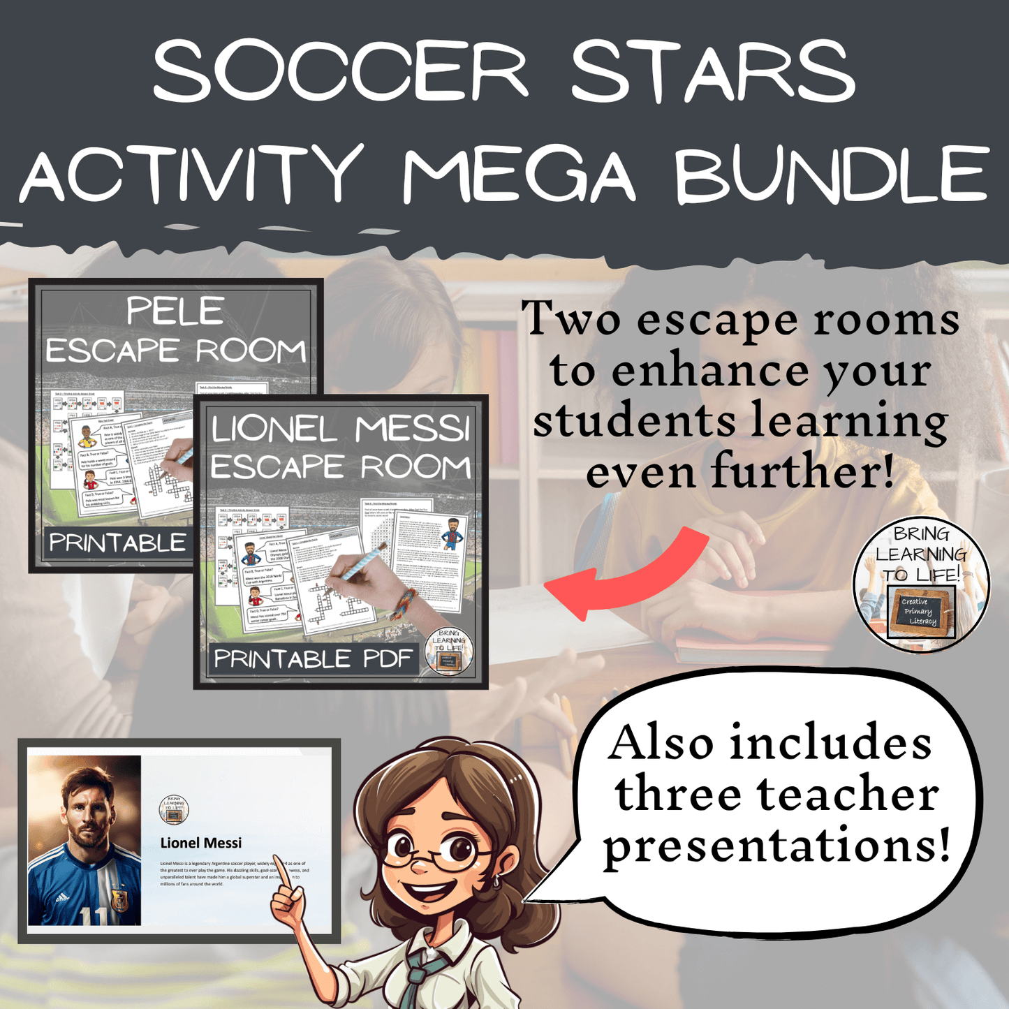 Great Soccer Players Mega Bundle of Activities | 3rd-4th Grade includes Pele and Lionel Messi escape rooms and teacher presentations.