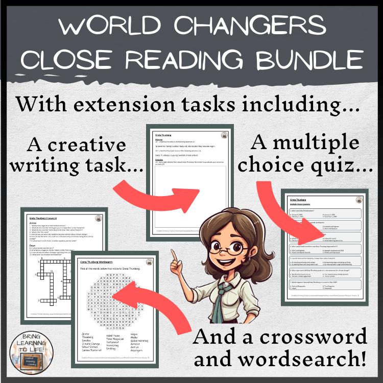 Young Women Who Changed the World Close Reading Bundle | 5th-6th Grade resources including quiz, writing task, crossword and wordsearch.