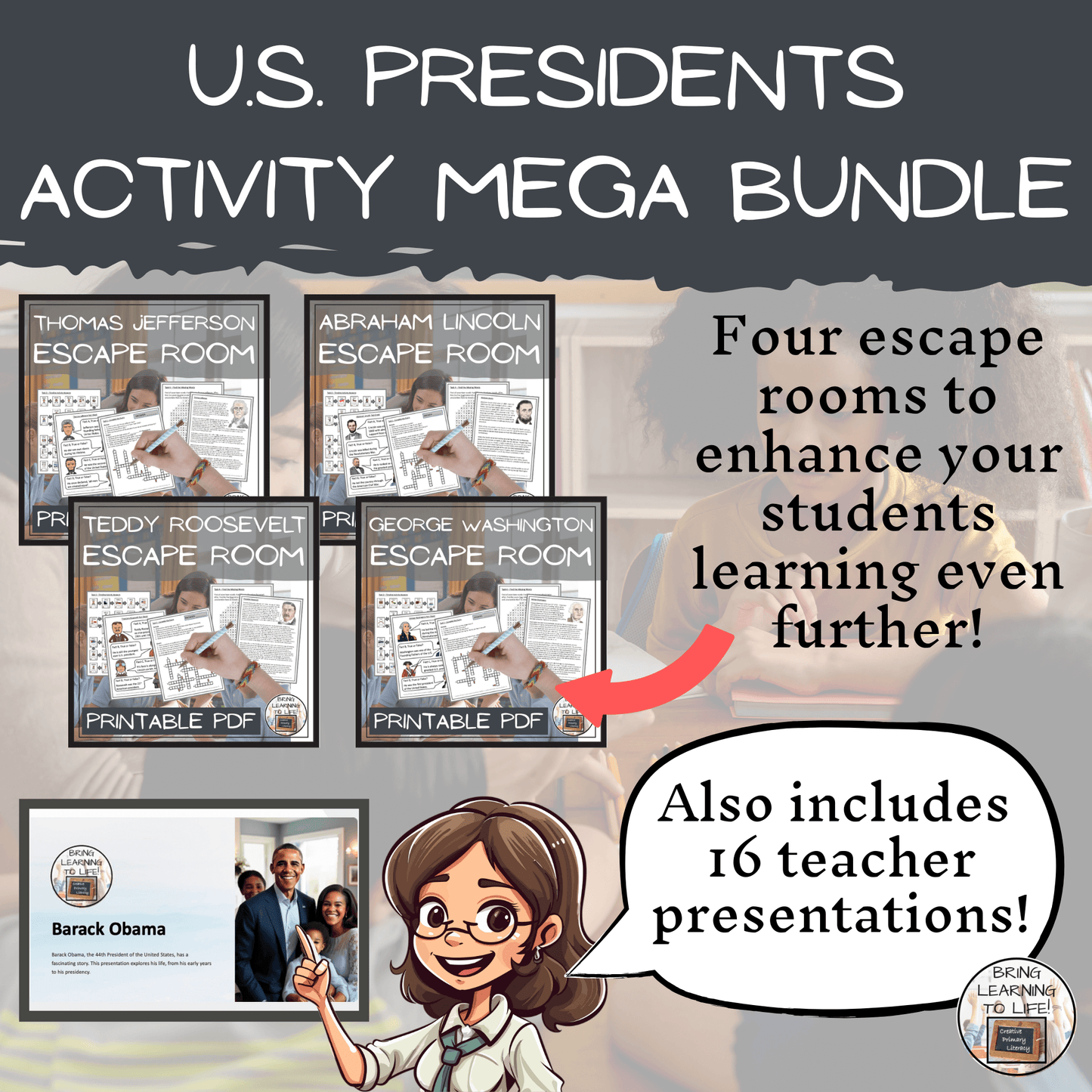 U.S. Presidents Social Studies Mega Bundle of Activities | 3rd-4th Grade featuring escape rooms and teacher presentations.