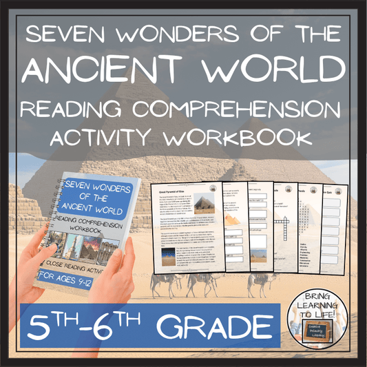 Seven Wonders of Ancient World Reading Comprehension Workbook | 5th-6th Grade cover image with pyramids and workbook pages.