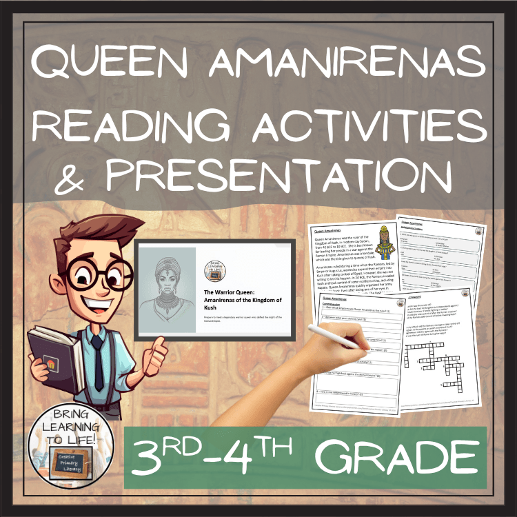 Queen Amanirenas Close Reading Comprehension Activities | 3rd & 4th Grade, featuring activities and presentation materials.