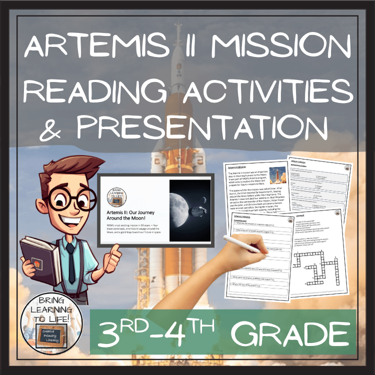 Artemis II Mission Close Reading & Comprehension Activities | 3rd–4th Grade with educational materials and student illustrations.