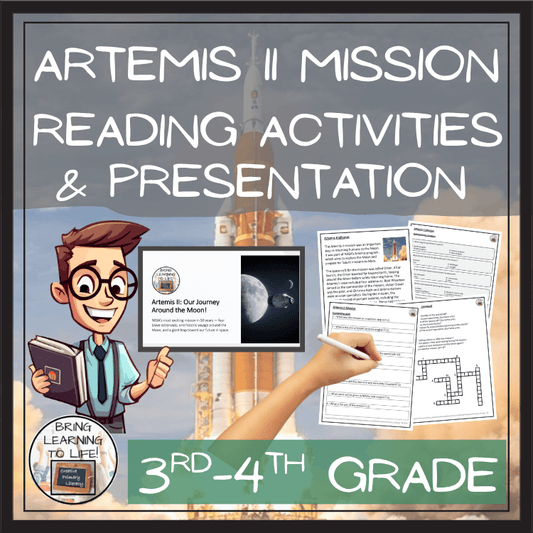 Artemis II Mission Close Reading & Comprehension Activities | 3rd–4th Grade with educational materials and student illustrations.