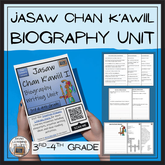 Jasaw Chan K'awiil biography project writing unit for 3rd-4th grade students, showcasing printable lesson materials.