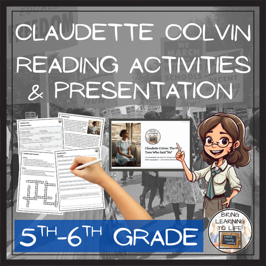 Claudette Colvin reading activities and presentation for 5th–6th grade, focusing on Black History comprehension.