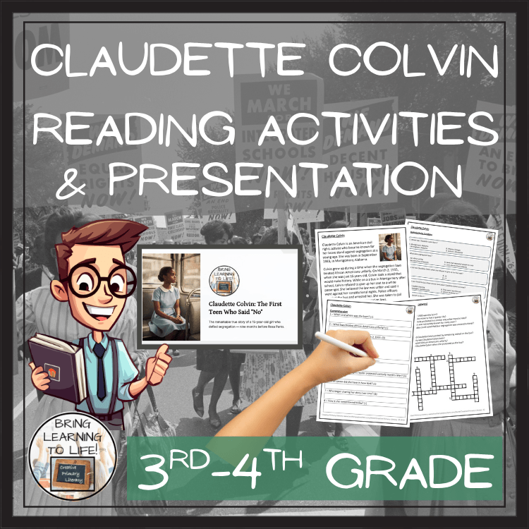 Claudette Colvin reading activities and presentation for 3rd-4th grade comprehension activities.