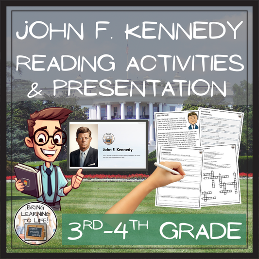 John F. Kennedy Close Reading Comprehension Activities | 3rd Grade & 4th Grade
