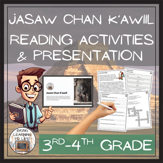Maya King reading comprehension activities featuring Jasaw Chan K'awiil for 3rd-4th grade students.