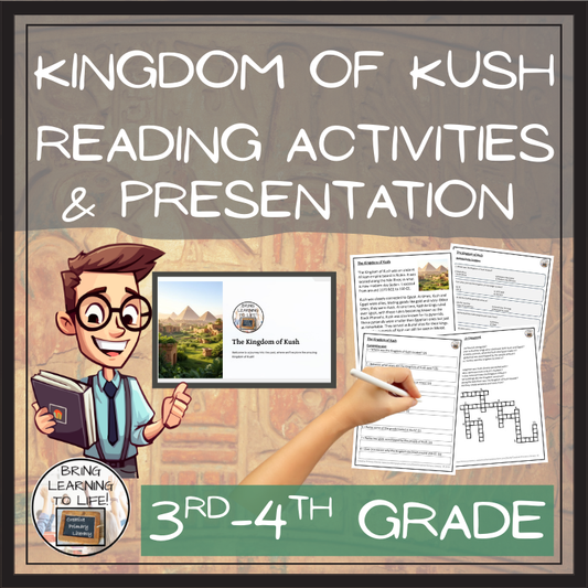 Kingdom of Kush reading activities for 3rd-4th grade, including comprehension questions and presentation materials.
