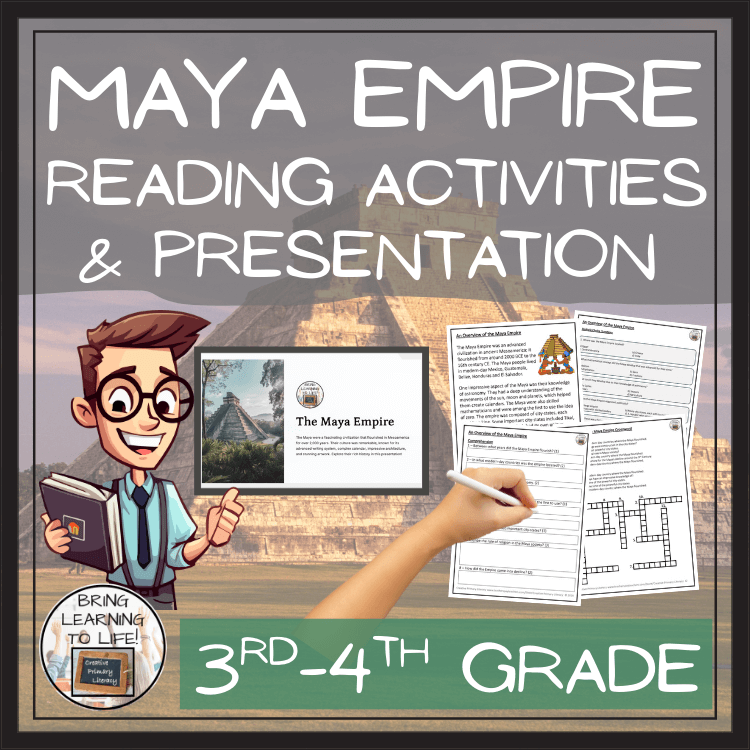 Maya Empire reading activities and presentation for 3rd-4th grade students with engaging materials.