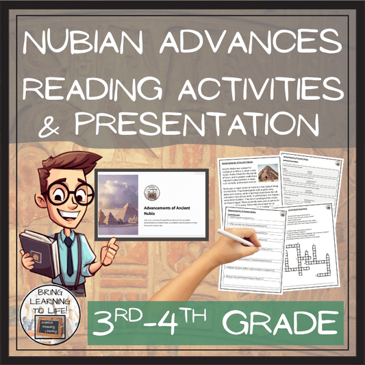 Ancient Nubia Advancements Reading Comprehension Activities | 3rd-4th Grade, featuring reading passage and student worksheets.