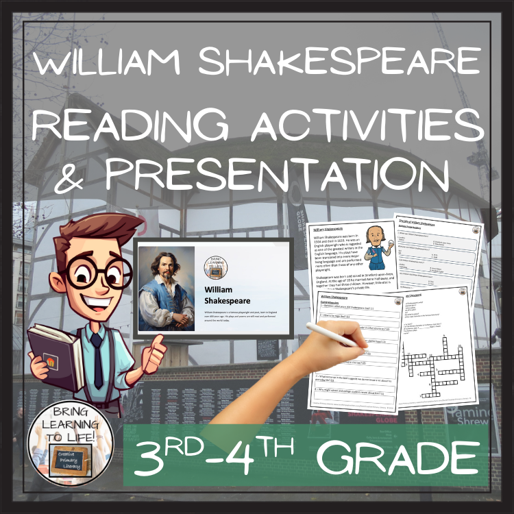 William Shakespeare Close Reading Comprehension Activities | 3rd Grade & 4th Grade