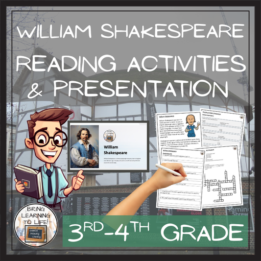 William Shakespeare Close Reading Comprehension Activities | 3rd Grade & 4th Grade