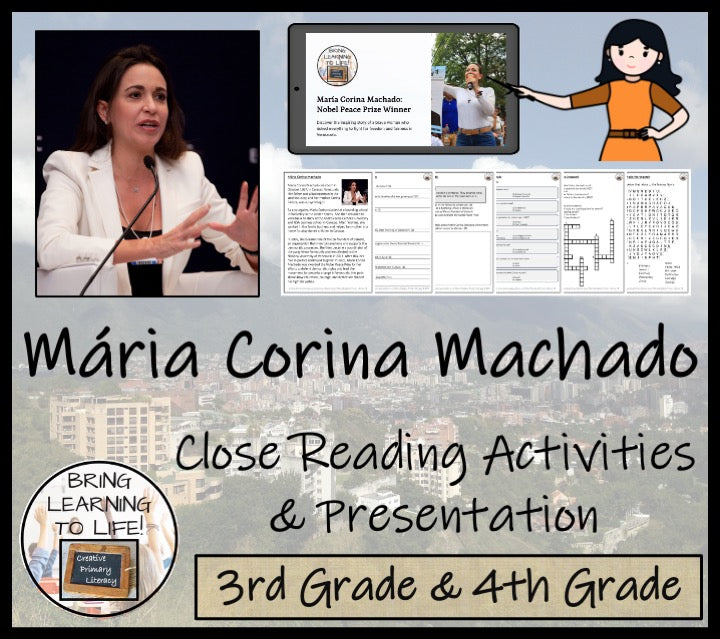 María Corina Machado Close Reading Comprehension Activities | 3rd & 4th Grade