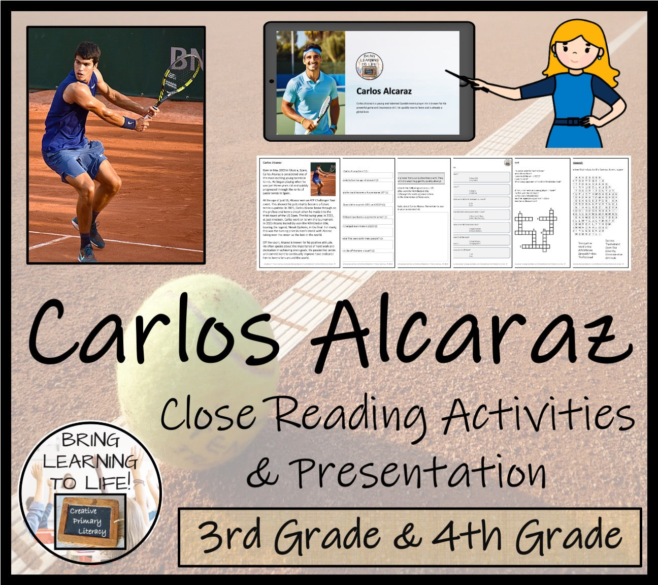 Carlos Alcaraz Close Reading Comprehension Activities | 3rd Grade & 4th Grade