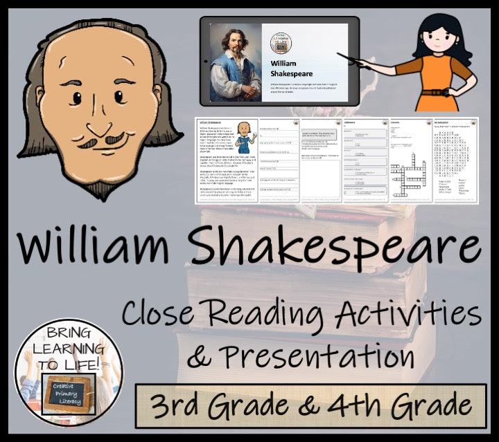 William Shakespeare Close Reading Comprehension Activities | 3rd Grade & 4th Grade