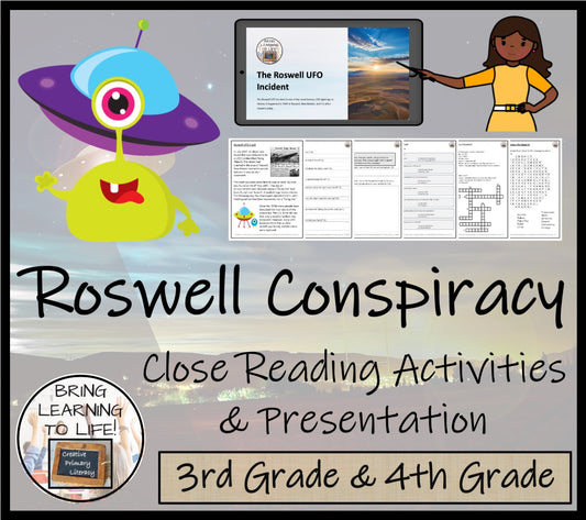 Roswell UFO Conspiracy Close Reading Comprehension Activities | 3rd & 4th Grade