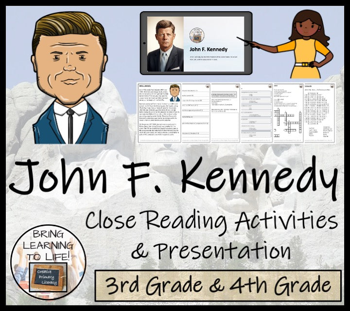 John F. Kennedy Close Reading Comprehension Activities | 3rd Grade & 4th Grade