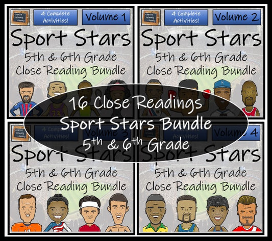 Sport Stars Volumes 1-4 Close Reading Comprehension Bundles | 5th & 6th Grade