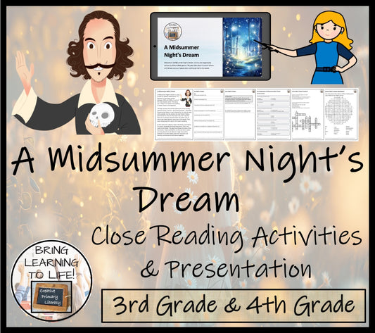 A Midsummer Night's Dream Close Reading Comprehension | 3rd Grade & 4th Grade